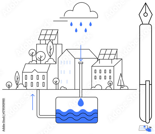Urban buildings collecting rainwater into a storage tank while solar panels generate renewable energy. Ideal for sustainability, water conservation, smart cities, renewable energy, ecology, urban