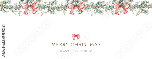 Christmas border, green fir twigs, striped red bows, text, white background. Nature design. Vector illustration. Greeting banner template. Winter xmas season