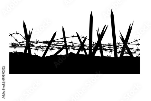 Silhouette of barbed wire and wooden stake on the ground. trench war elements vector background. vector set