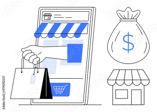 Hand holding shopping bags from mobile screen, storefront icon, and money bag. Ideal for e-commerce, online shopping, digital marketing, retail business, financial transactions, convenience consumer