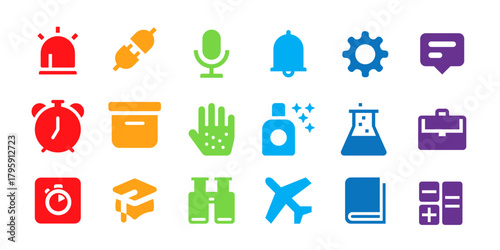Multicolor Tools and Interface Icon Set – Alarm, Rocket, Chat, Microphone, Gear, Clock, Lock, Travel, Study & Office Symbols