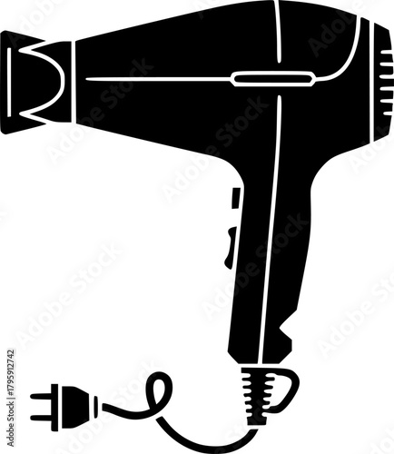 Black minimalist style depicts a hair dryer icon with a simple silhouette design
