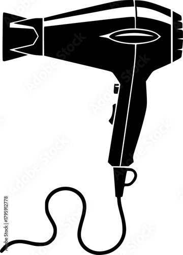 Black minimalist style depicts a hair dryer icon with a simple silhouette design
