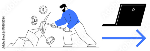 Man mining coins with pickaxe, rocks, dollar, euro signs, connected to laptop for transactions. Ideal for cryptocurrency, finance, blockchain mining technology digital economy progress. Simple