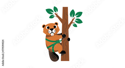 Cartoon beaver in green harness climbing a tree