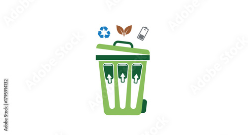 Open recycle bin icon with recycle symbol, leaves, battery, green/blue hues