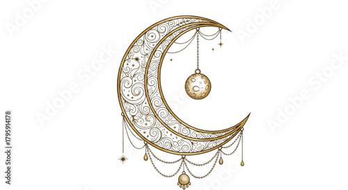 Ornate golden crescent moon with stars and hanging charms. Intricate celestial vector for spiritual or bohemian design.