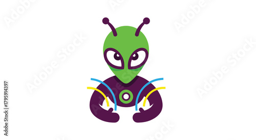 Simplified cartoon alien with green head and purple body, set against a white background