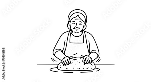 Vector of a grandmother baking bread, kneading dough on a counter, warm and expressive outlines, isolated on white