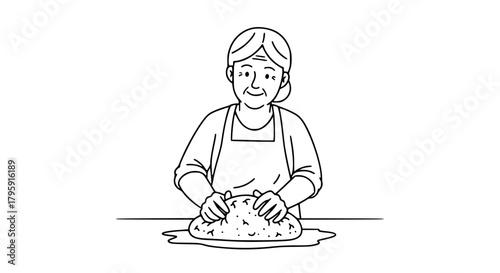 Vector of a grandmother baking bread, kneading dough on a counter, warm and expressive outlines, isolated on white