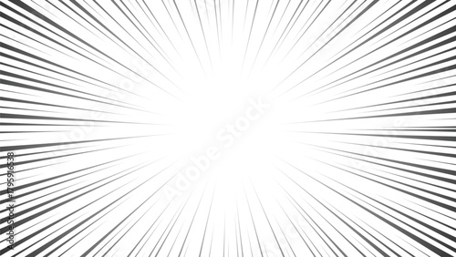 Abstract comic speed burst background with dynamic radial lines, bright white center explosion effect, modern minimal monochrome vector design for energetic motion and impact concepts
