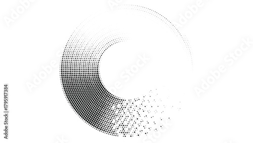 Geometric halftone circular fade design with dotted grid structure, abstract monochrome vector pattern featuring smooth radial gradient and modern curved texture