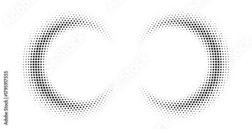 Dual halftone circular fade rings, abstract dotted radial pattern with symmetrical gradient effect, modern monochrome vector design featuring smooth curved transitions