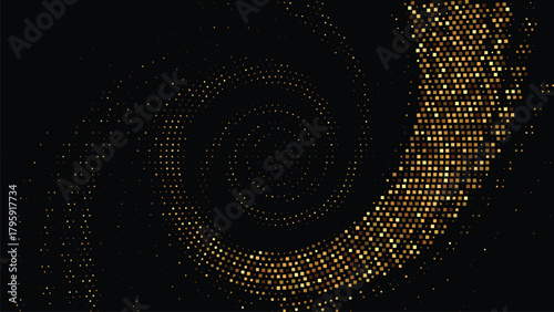 Golden halftone spiral pattern on dark background forming a glowing vortex light effect, elegant abstract texture suitable for luxury branding, event posters, music visuals, and modern premium design 