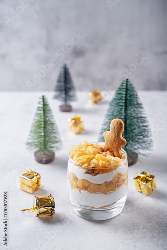 Greek yogurt caramelized apples gingerbread cookies parfait in a glass for Christmas holidays
