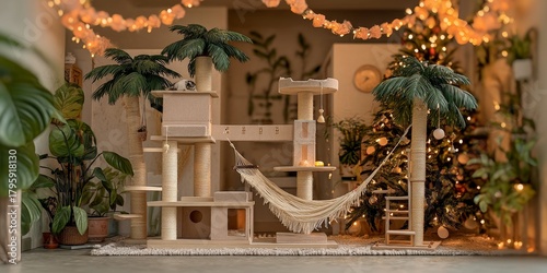 Cozy Cat Paradise: A meticulously crafted cat tree provides the perfect sanctuary for feline friends. surrounded by lush plants, and a Christmas tree, creating a whimsical blend of comfort and style.