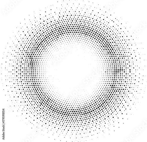 Circular halftone burst pattern with dense fading dots forming a radiating ring effect, modern abstract geometric background ideal for posters branding digital artwork minimal designs and dynamic visu