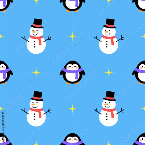 Cute winter seamless pattern with penguins, snowmen and stars on blue background. Baby design. Pattern for baby textile and fabric. Design for Christmas and New Year 
