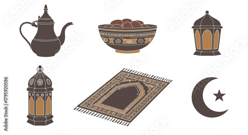 Ramadan Iftar Suhoor Icons Set Dates Lanterns Prayer Mat Dallah Crescent Moon for Islamic Celebrations Culture