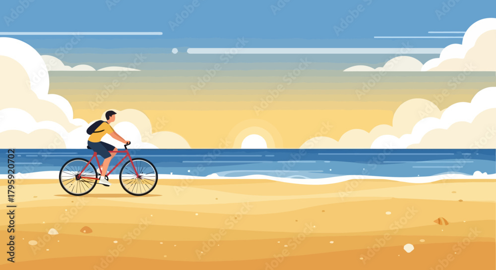 Fototapeta premium Man Cycling on Sunny Beach During Golden Hour Sunset Vacation Travel