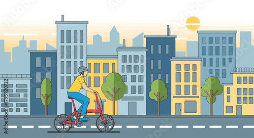 Happy Commuter Cycles a Folding Bike Down a Bustling City Street with Modern Buildings and Trees at Sunrise
