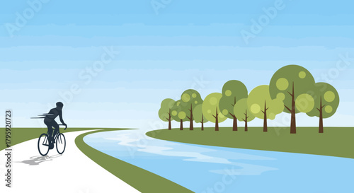 Man Cycling on Scenic Path Beside River and Trees Summer Outdoor Activity and Healthy Lifestyle Concept