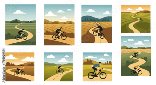 Cyclists Riding on Picturesque Winding Country Roads Through Lush Green Fields and Rolling Hills in a Scenic Landscape