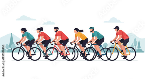 Diverse Group of Cyclists Riding Bicycles Together on a Scenic Road Promoting Health and Adventure