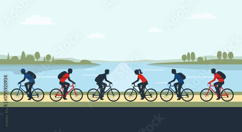 Diverse Group of People Cycling Together on a Scenic Path Beside a River