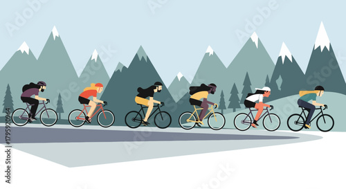 Group of Cyclists Racing Through Snowy Mountain Landscape Flat Vector Illustration
