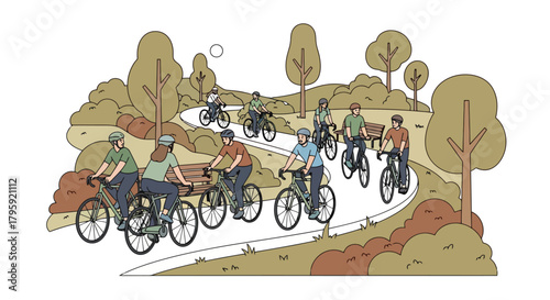Diverse Group of Cyclists Enjoying a Scenic Bike Ride Through a Picturesque Park on a Sunny Day Vector Illustration