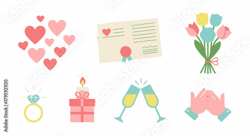 Beautiful Collection of Flat Icons for Wedding Anniversary and Valentine s Day Celebrations Hearts Ring Gift Flowers Champagne Certificate Clapping Hands