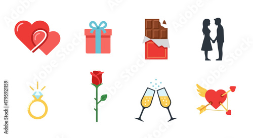 Valentine s Day Icons Set Love Romance Gifts Couple Ring Rose Chocolate Champagne Celebration