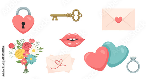 Romantic Valentine s Day Symbols Collection Heart Lock Key Lips Flowers Envelopes Ring for Love and Romance Concepts