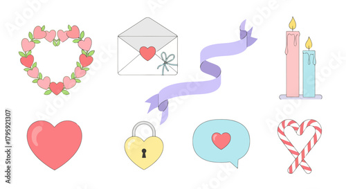 Valentine s Day Sweetheart Icons Hearts Candles Envelope Ribbon Lock Candy Canes Romantic Celebration Clipart Design Elements