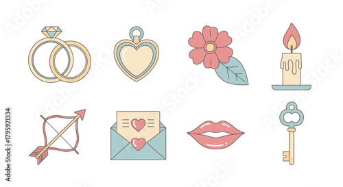 Set of Romantic Icons Wedding Rings Heart Locket Flower Candle Cupid s Arrow Love Letter Lips Key Perfect for Valentine s Day and Wedding Graphics