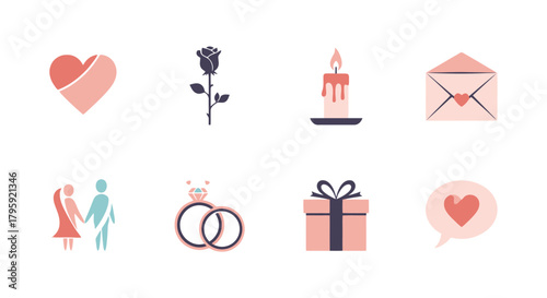 Romantic Love Icons Set Heart Rose Candle Envelope Couple Rings Gift Speech Bubble Perfect for Valentine s Day Weddings and Romance Themes