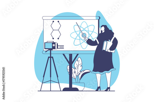 Online education web concept with flat people for website design. Woman works as teacher, recording or streaming video lecture with science seminar, making distantly presentation. Vector illustration.