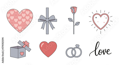 Romantic Valentine s Day Icons Hearts Rose Gift Box Rings Love Word Perfect for Design Projects