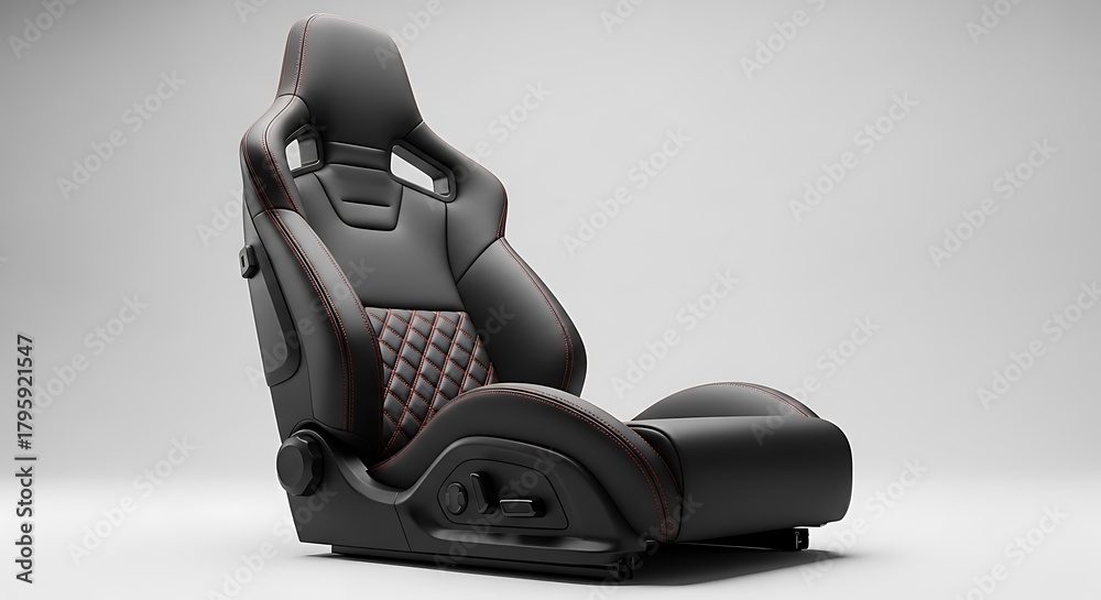 Obraz premium Modern racing car seat with black leather and intricate stitching