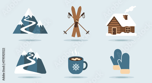 Cozy Winter Wonderland Icons Snow Capped Mountains Skis Cabin Hot Cocoa and Mittens for Seasonal Designs and Graphics