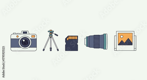 Flat Design Icons Vintage Camera Tripod SD Card Lens and Photo Frame Photography Equipment Creative Tools Set