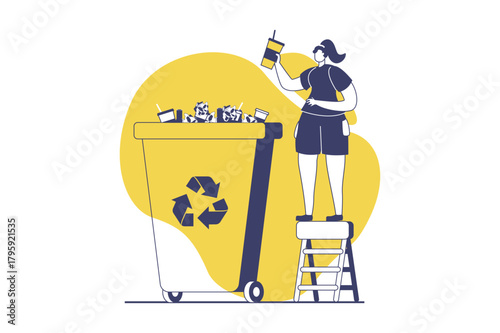 People collecting garbage web concept with flat people for website design. Woman throwing cup in disposal bin for paper trash, sorting waste for recycling, caring ecology. Vector illustration.
