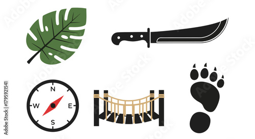 Jungle Adventure Icons Leaf Machete Compass Rope Bridge Animal Paw Print Vector Illustration