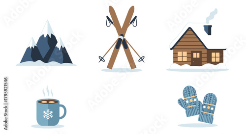 Cozy Winter Mountain Cabin Scene with Hot Chocolate Skis Snow and Mittens Flat Design Icons for Seasonal Graphics