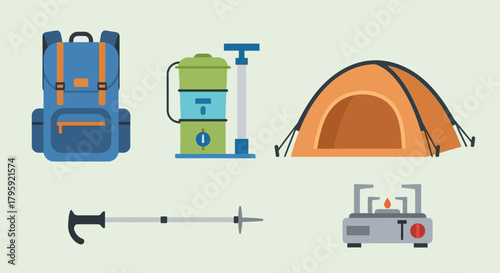 Outdoor Adventure Gear Flat Icon Set Backpack Tent Stove Water Filter Trekking Pole Perfect for Camping Hiking and Travel Concepts