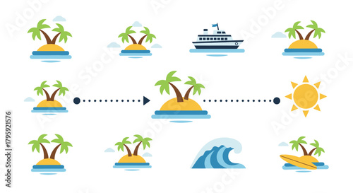Tropical Island Hopping Adventure Cruise Ship Palm Trees Sun Wave and Surfing Paradise Vector Illustration