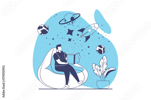 People reading book web concept with flat people for website design. Boy reads literature about cosmic space and astronomy while sitting in armchair, bookworm enjoying hobby. Vector illustration.