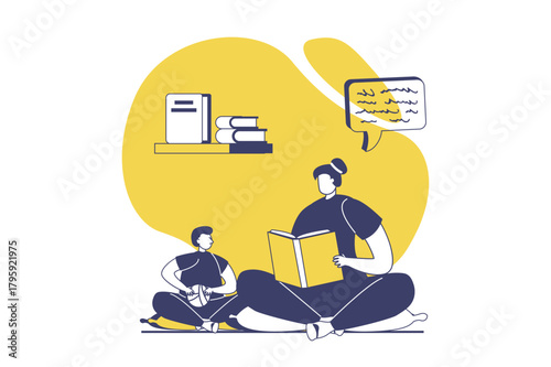 People reading book web concept with flat people for website design. Mother reads kid literature her son or helping pupil with textbook learning, bookworms enjoying hobby at home. Vector illustration.