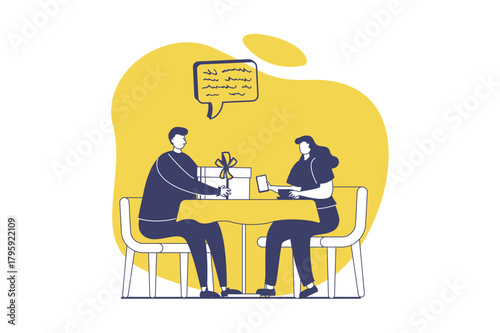 People sit in gadgets web concept with flat people for website design. Man trying to give gift at date to girlfriend, woman ignoring him while distracting to internet browsing. Vector illustration.